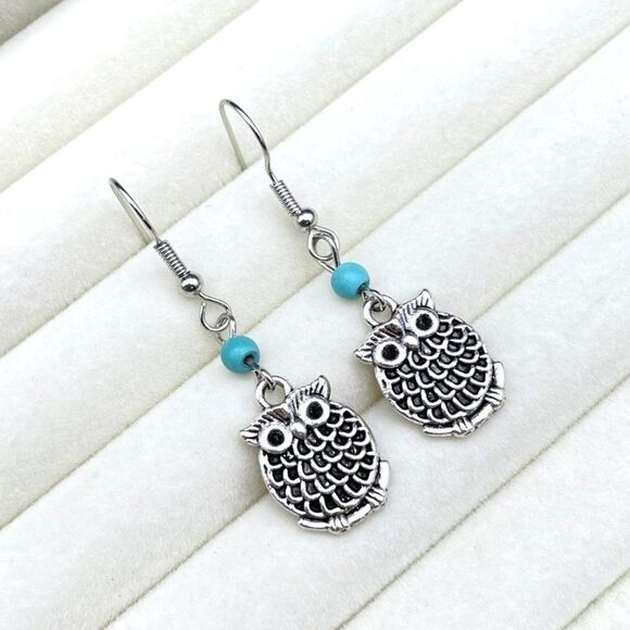Silver Perched Owl on Branch with Blue Turquoise Beaded Dangling Hook Earrings - Picture 4 of 7